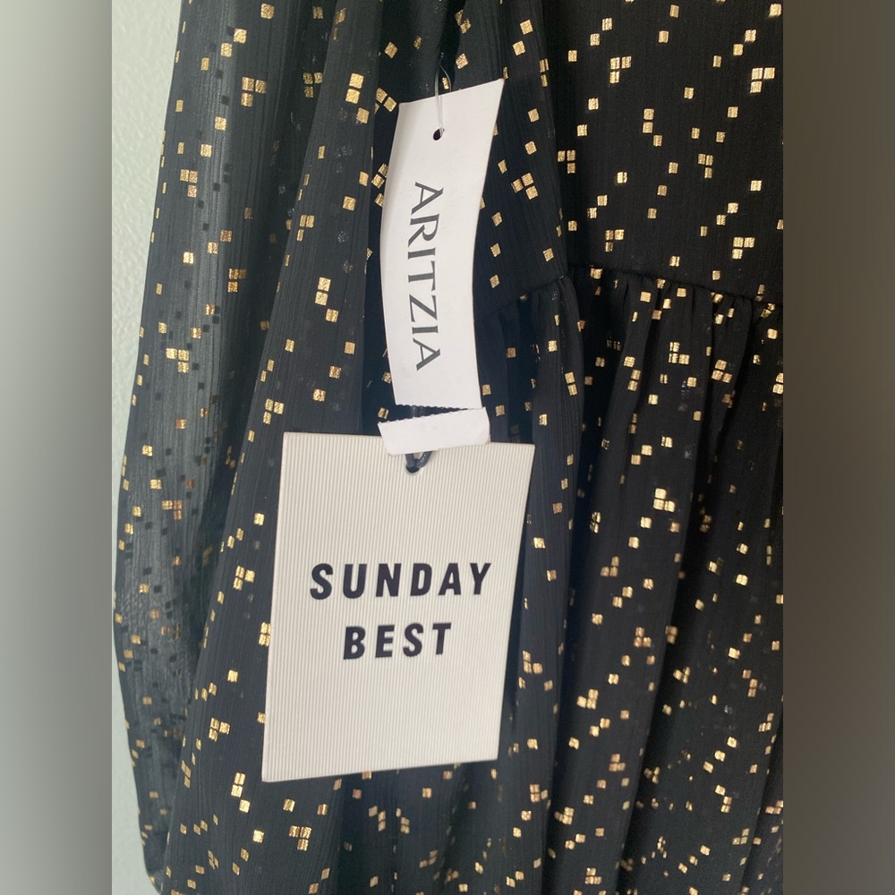Sunday Best Aritzia Jinx Long Sleeve V Neck Black Gold Babydoll Dress Size XS - Picture 10 of 11